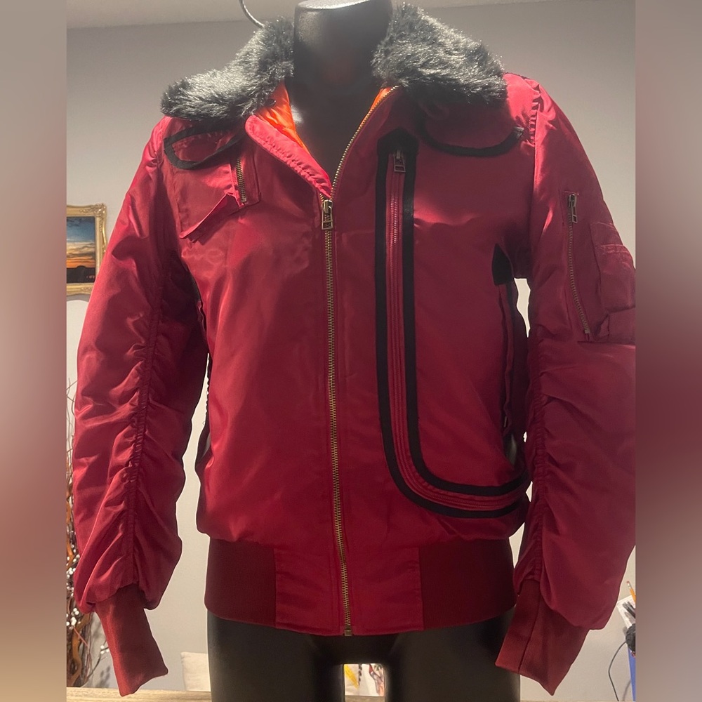 American Stitch Red Bomber Jacket with Removable Faux Fur Collar, Size Small